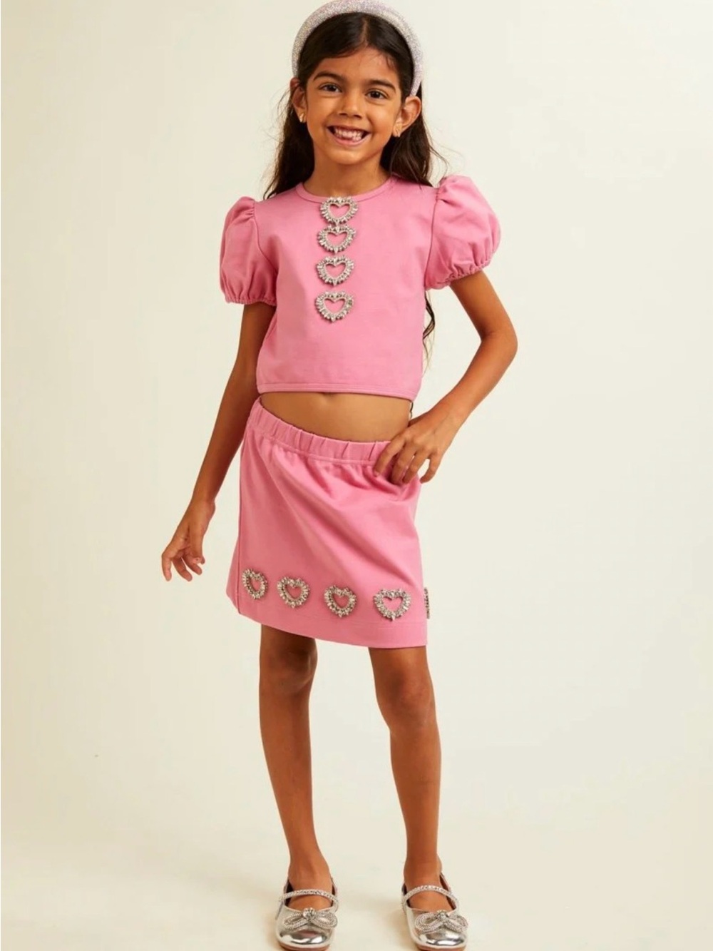 Mini Dreamers Pink Heart Embellished Top & Skirt